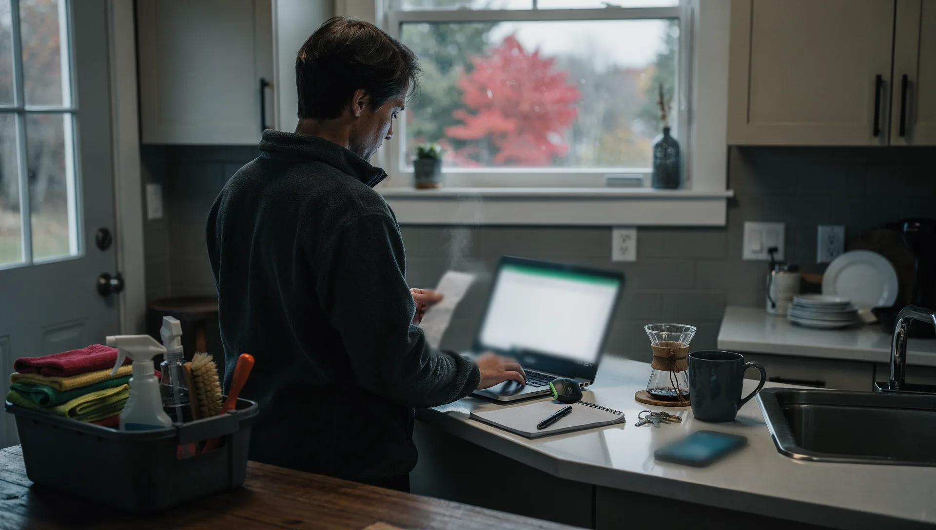 A man in a dark fleece stands at a kitchen counter holding a receipt and typing on a laptop with a green-header spreadsheet, a caddy of cleaning sprays and cloths on the table beside him.