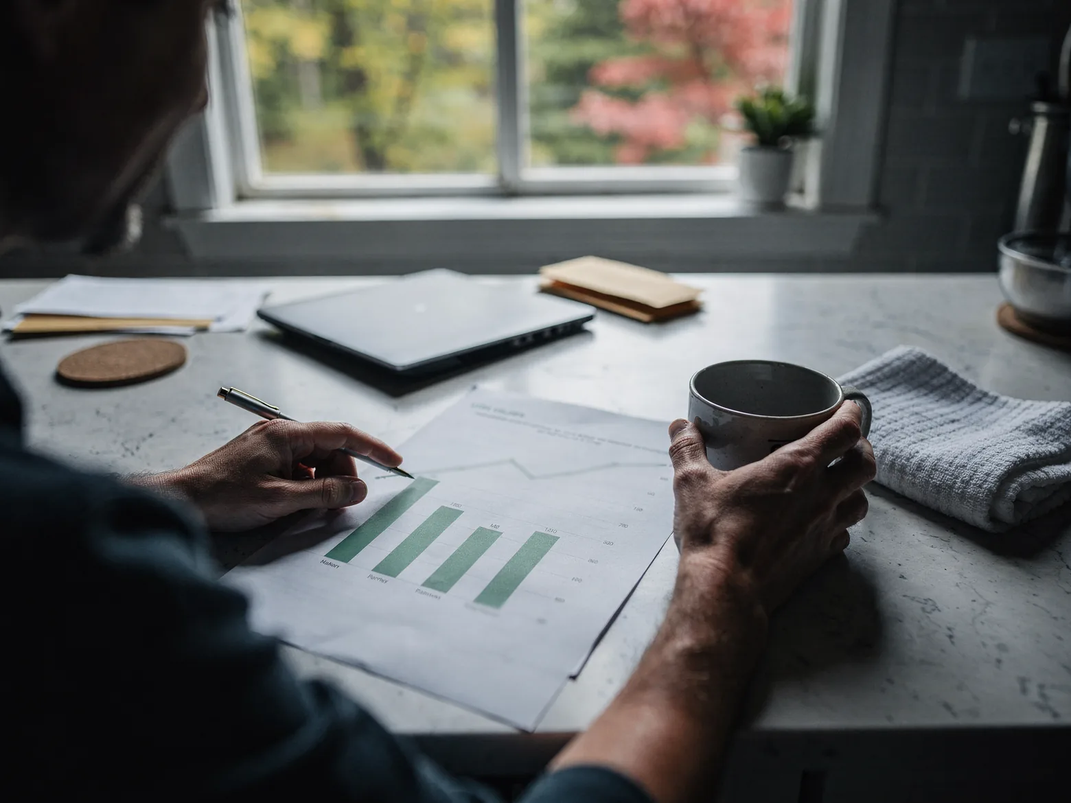 At a kitchen counter, one hand rests a pen on a printed green bar chart while the other holds a mug, a closed laptop and a window of autumn trees beyond.