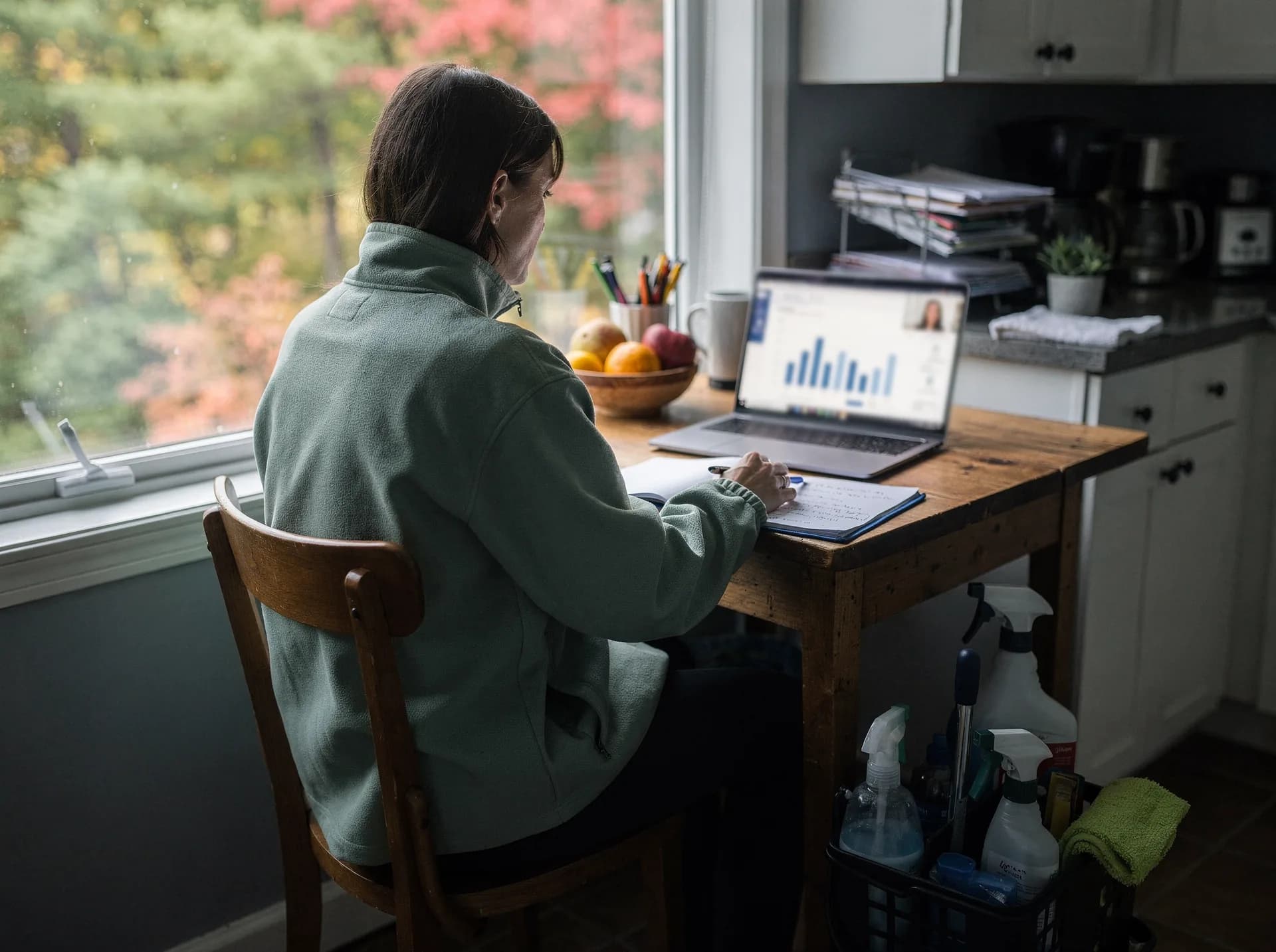 A woman in a sage fleece, seen from behind, takes notes at a small kitchen table while her laptop shows a video call and a bar chart, a basket of cleaning sprays under the table.