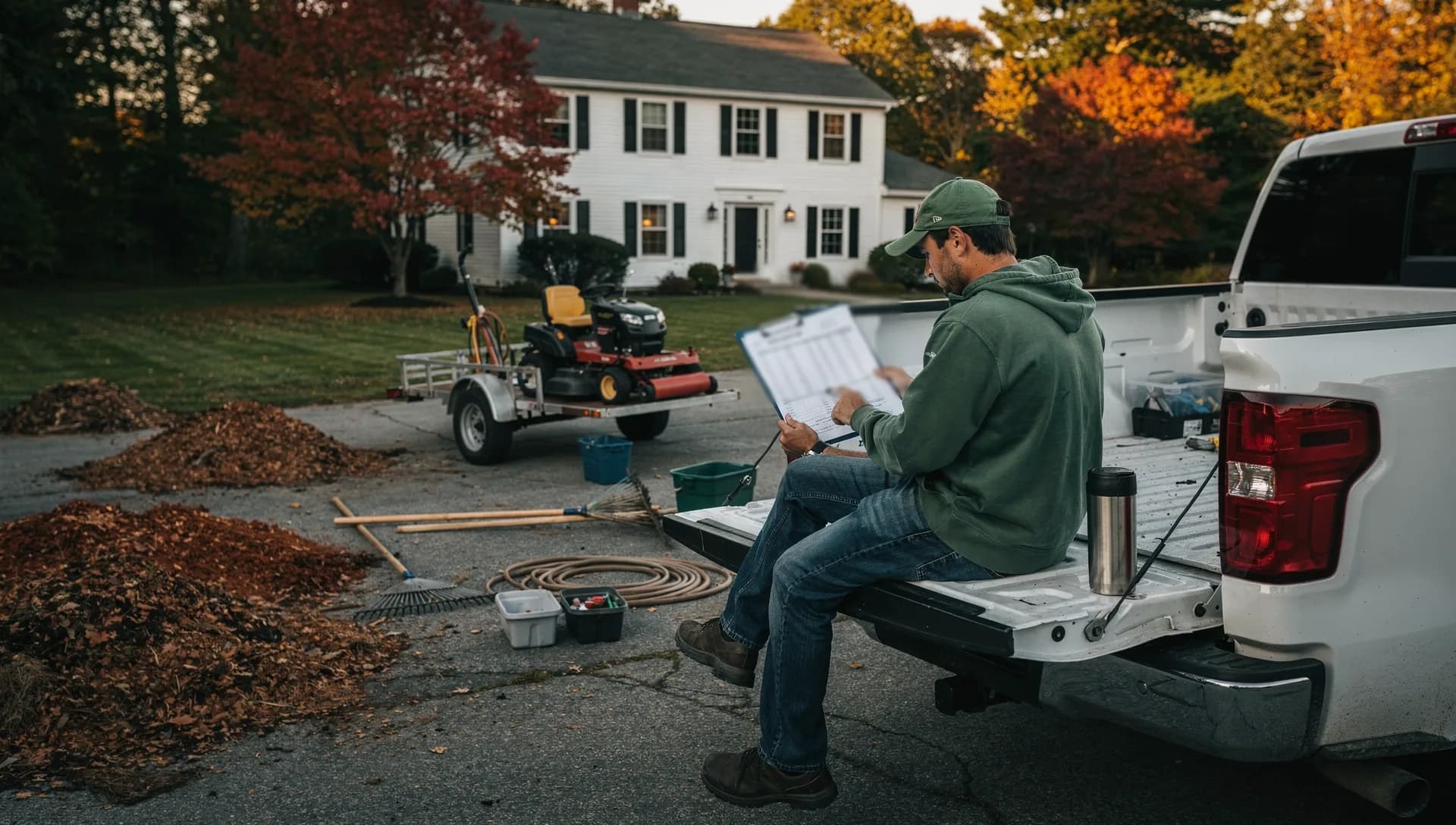 A man in a green hoodie and cap sits on his pickup's tailgate reading a report on a clipboard, a mower trailer and raked leaf piles in front of a white colonial.