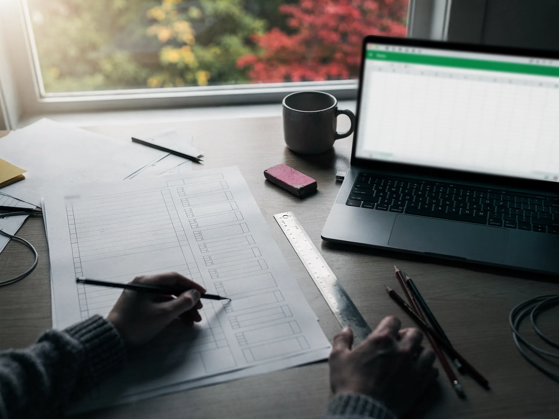 Overhead at a desk, a hand rules pencil columns on graph paper, sketching the boxes of a tracking sheet beside a steel ruler, an eraser and a laptop showing a blank spreadsheet with a green header.