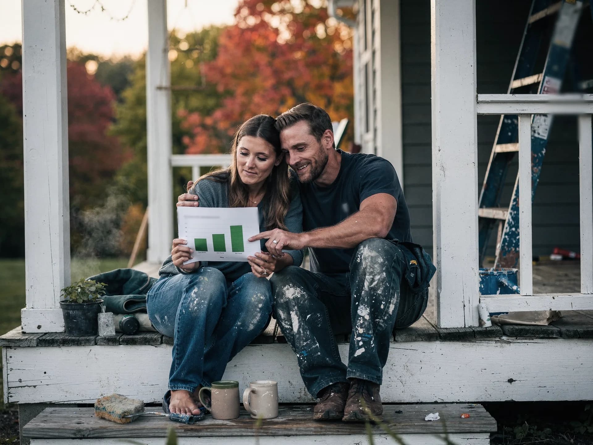 A couple in paint-spattered jeans sit close on their front porch steps at dusk, reading a printed page with a green bar chart as he points to it, two mugs on the step and a ladder against the porch.