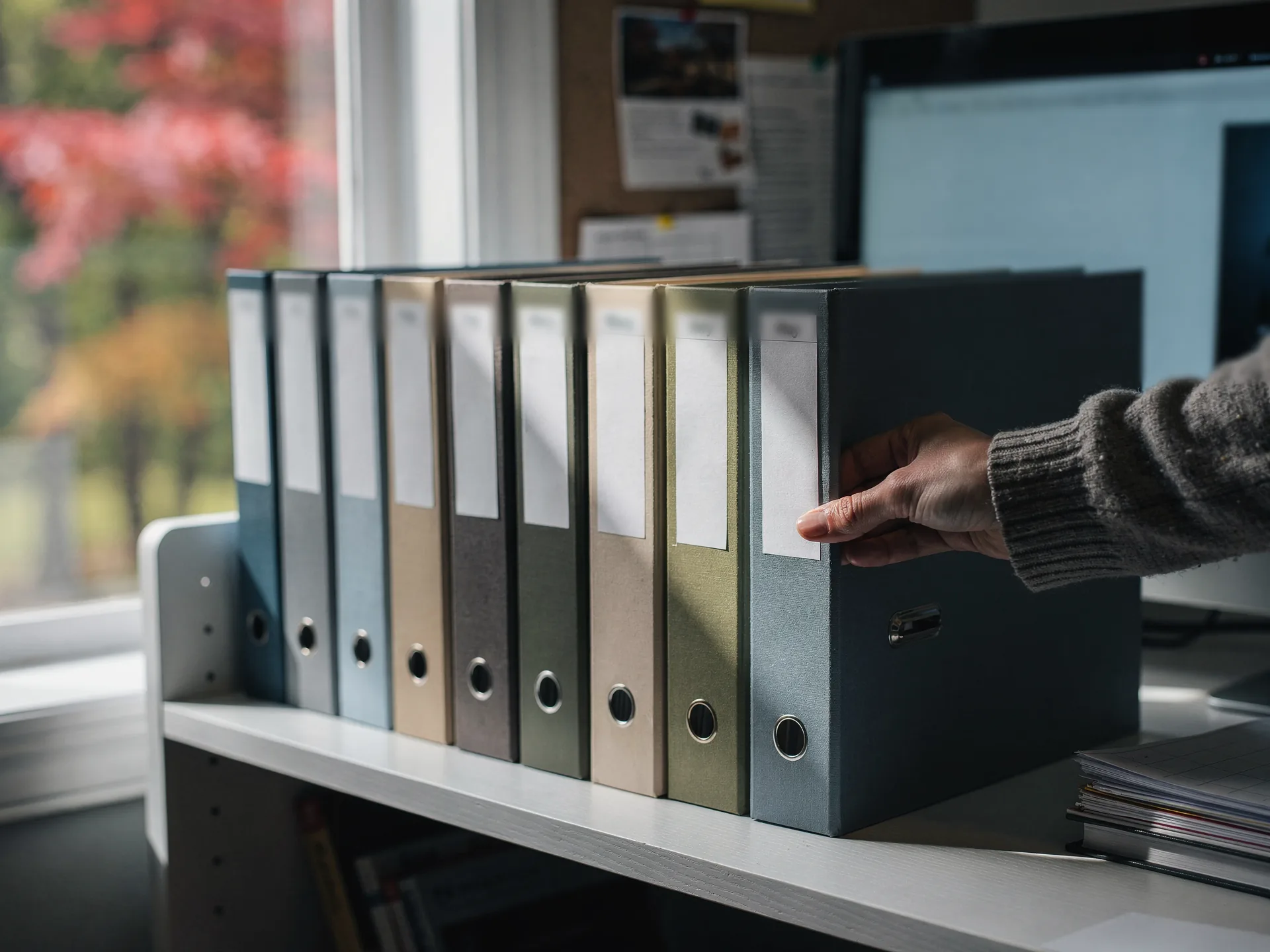 A hand in a grey knit sleeve pulls one of a row of colored binders with blank white spine labels from a shelf beside a monitor, autumn leaves outside the window.