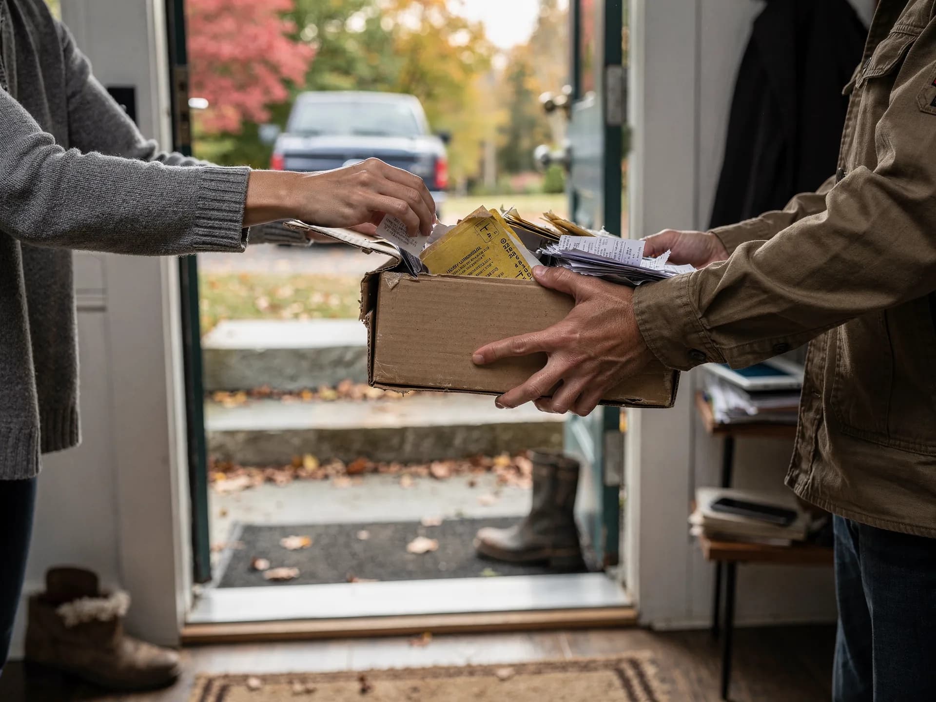 At an open front door, a man in a canvas jacket hands a cardboard box stuffed with crumpled receipts and envelopes to a woman in a grey sweater, a pickup parked outside.