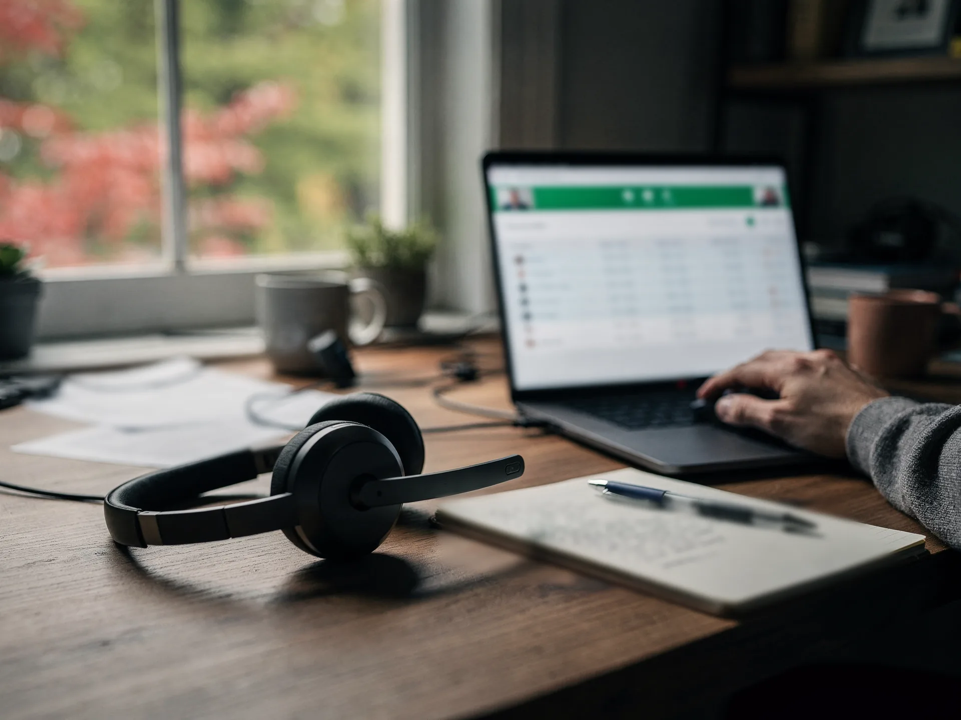 A hand in a grey sleeve types at a laptop showing a green-header list beside a headset and an open notebook with a pen, on a wooden desk by a window.