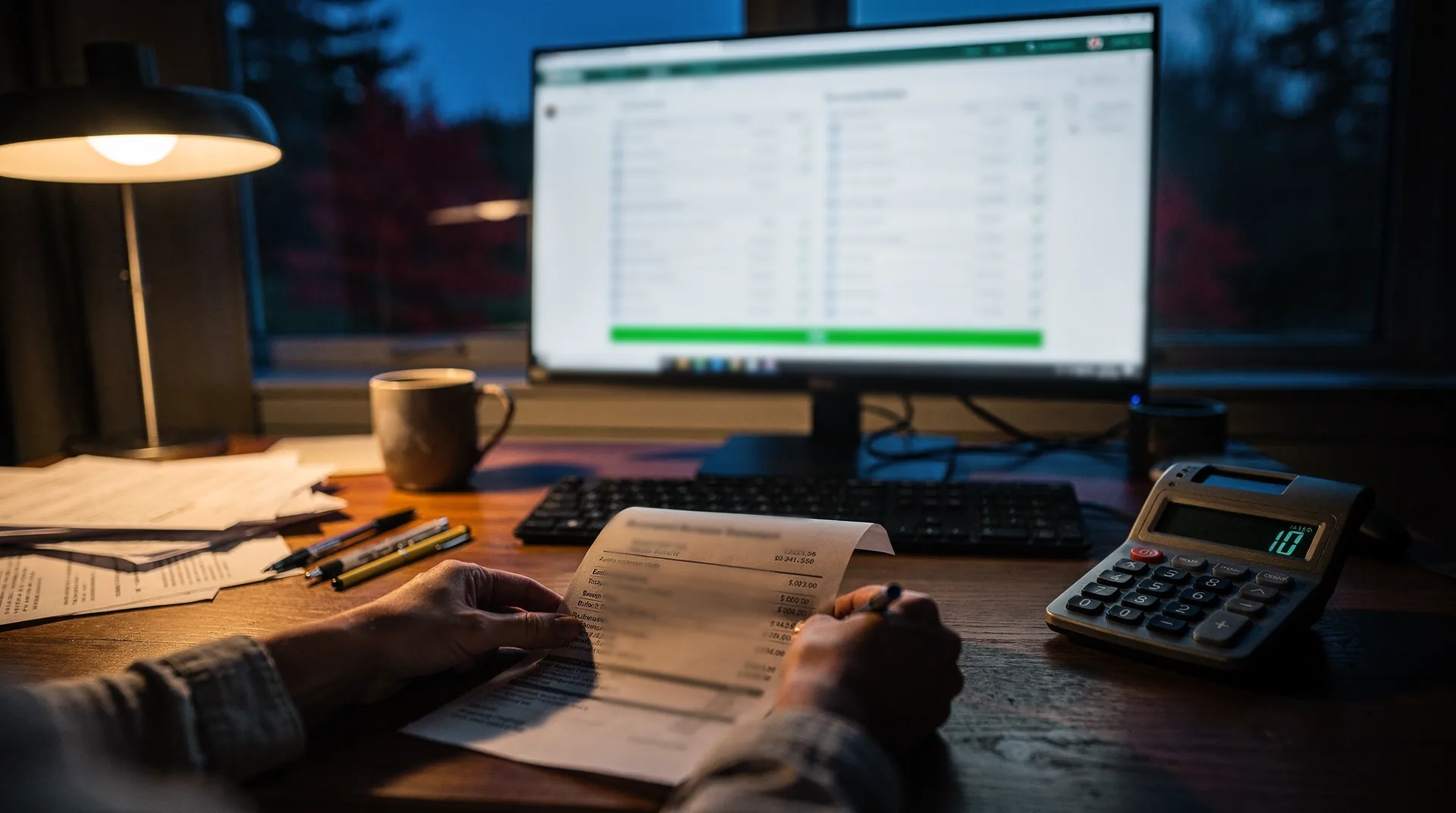 Low across a desk at dusk, hands hold a printed account statement beside a desk calculator while a monitor behind shows a reconciliation screen with a green bar under a lamp.