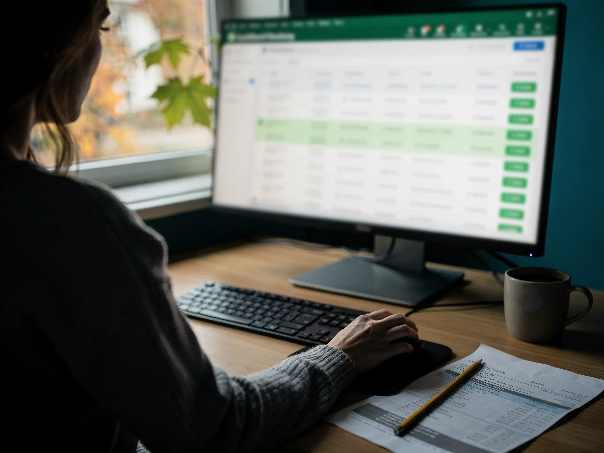 Over a woman's shoulder, her hand on the mouse as she works down a bank-feed list in accounting software on a desktop monitor, one row highlighted green, a bank statement and pencil by the keyboard.