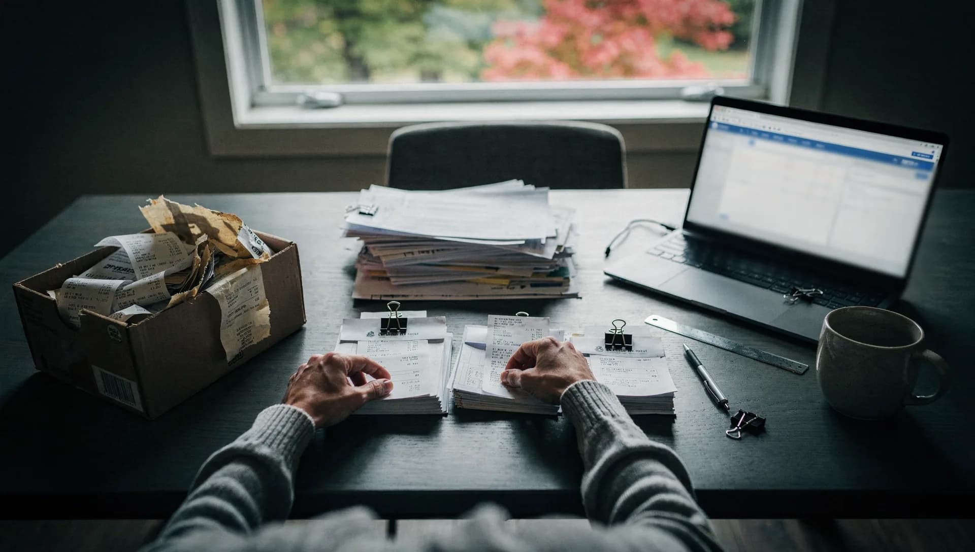 From the bookkeeper's seat, hands rest on binder-clipped stacks of receipts sorted across a dark table, a box of crumpled receipts on the left and an open laptop on the right.