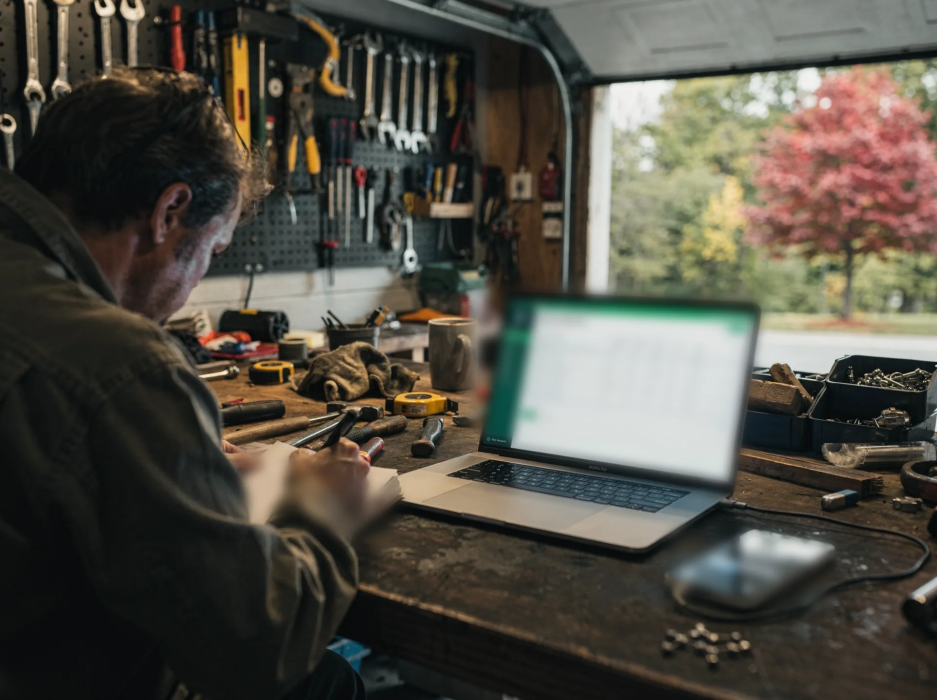 A man in a work jacket sits at a garage workbench writing in a notebook beside an open laptop showing a green-header table, wrenches on the pegboard and a red maple through the open door.