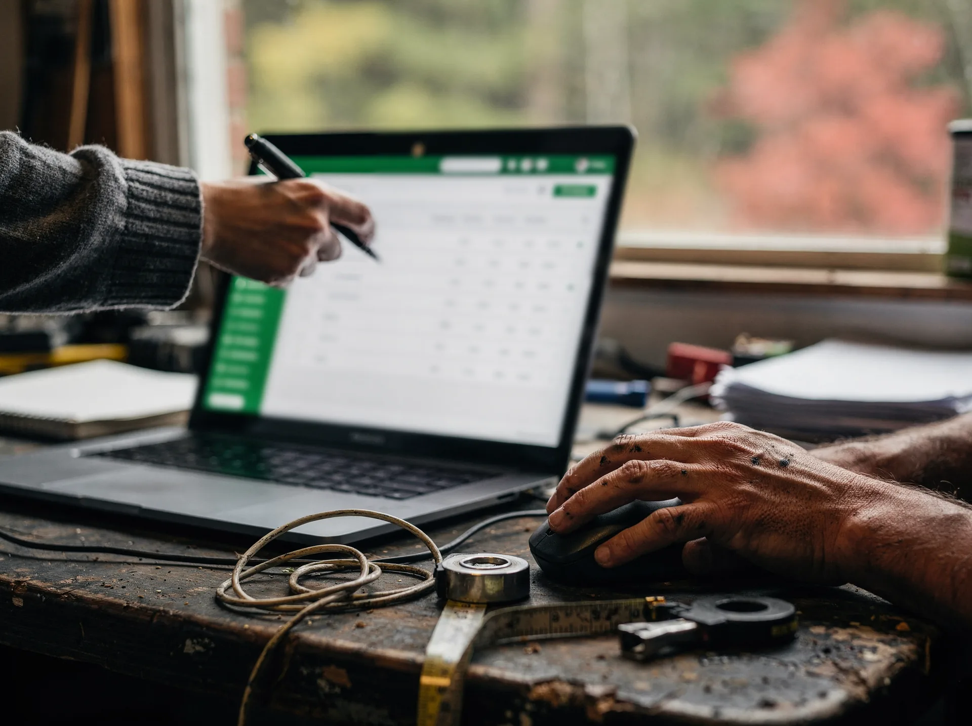 A hand in a grey knit sleeve points a pen at a laptop showing an accounting screen with a green side menu, while a grease-stained hand rests on the mouse on a worn workbench beside a tape measure and wire.