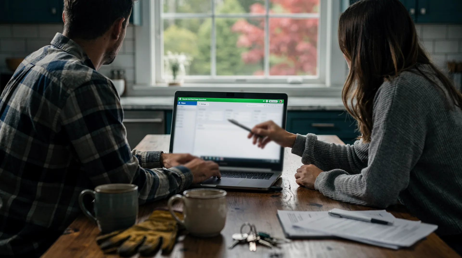 A man in a plaid flannel shirt and a woman in a grey sweater, seen from behind at a kitchen table, look at a laptop showing an accounting screen with a green header as she points with a pen, mugs, work gloves and keys beside them.