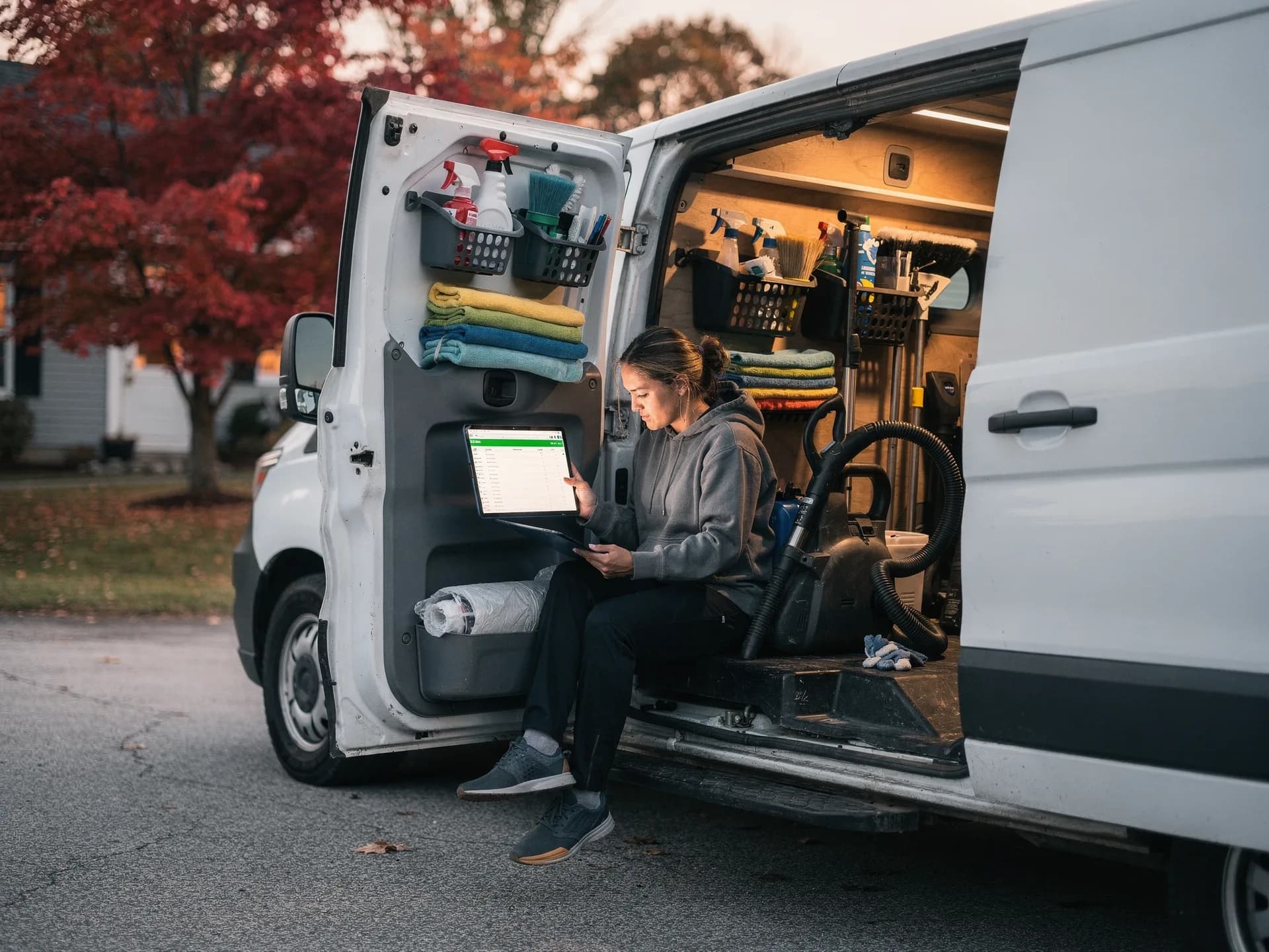 A cleaning-crew lead in a grey hoodie sits in the open side door of her work van, checking a spreadsheet with a green header on a tablet, towels and spray bottles racked behind her.