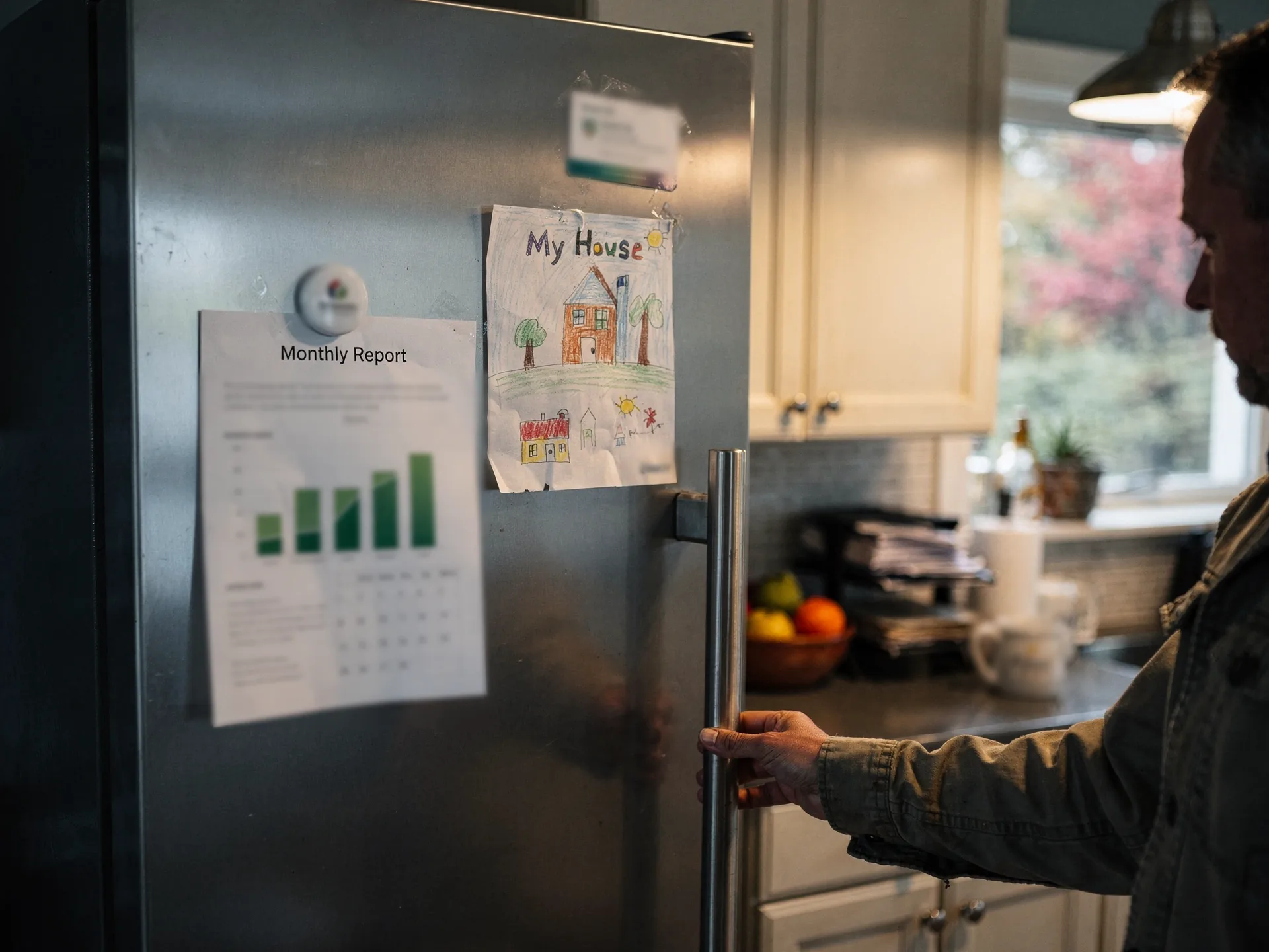 A printed monthly report with a green bar chart is held by a magnet on a stainless fridge next to a child's drawing labelled My House, as a man opens the fridge door.