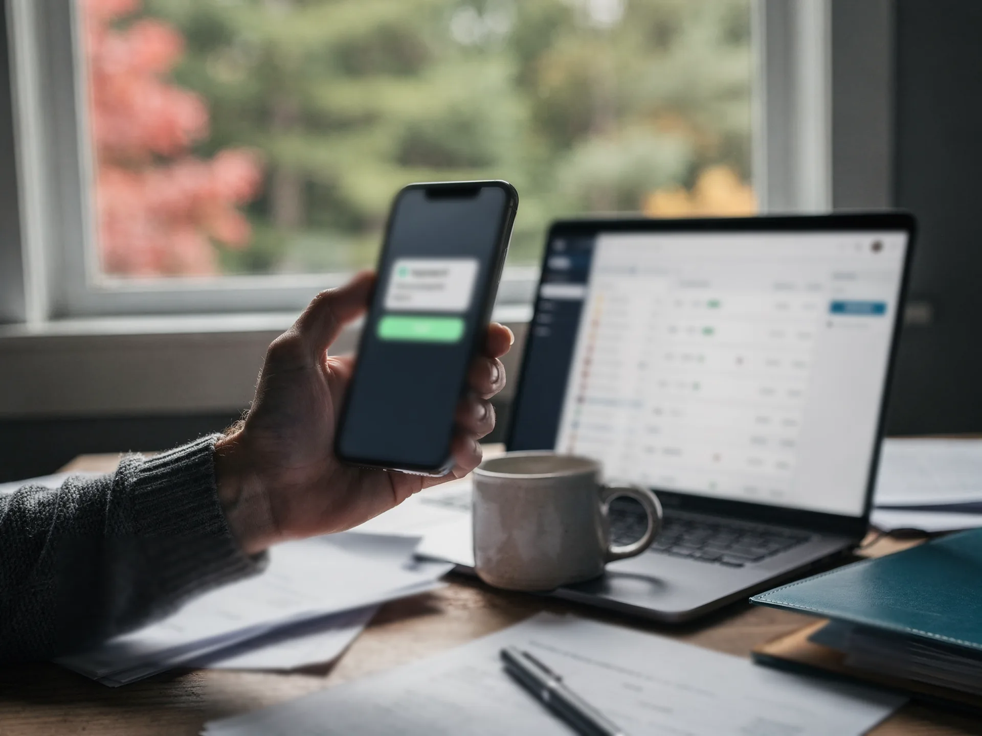 A hand in a grey knit sleeve holds up a phone showing a notification with a green button, a laptop of transaction rows, a mug and loose statements on the desk behind.