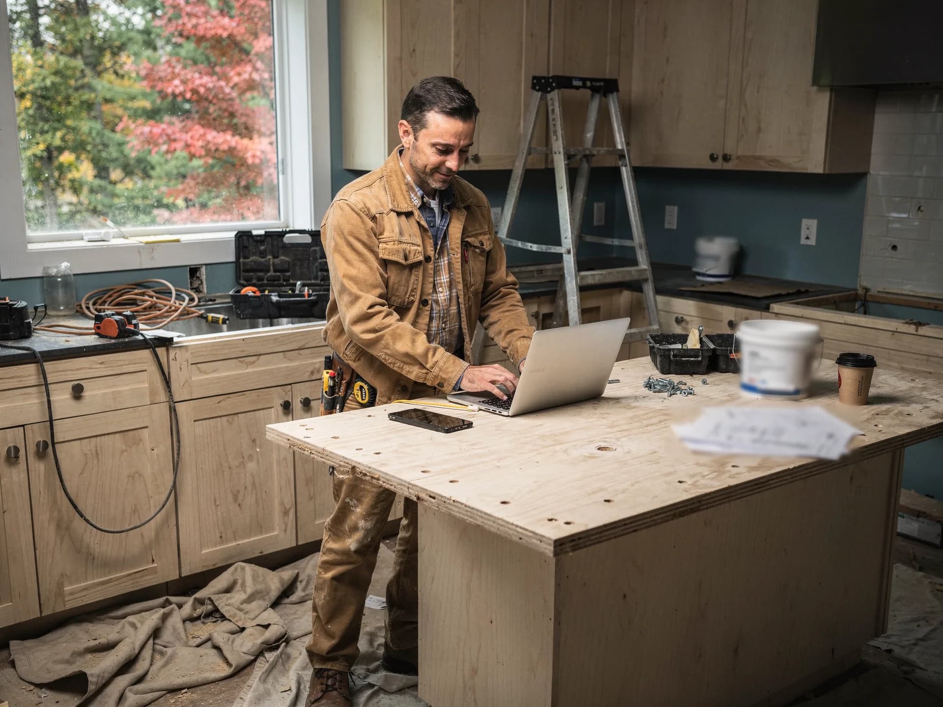 A contractor in a tan canvas jacket smiles as he types on a laptop at a bare plywood kitchen island on a renovation job, his phone on the counter, a stepladder and drop cloths around him.