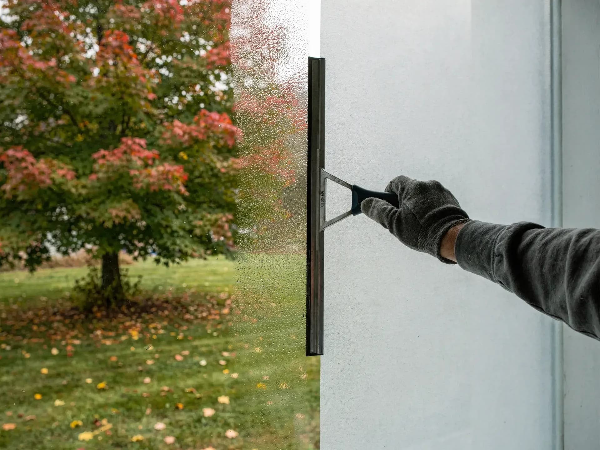 A gloved hand draws a squeegee down a fogged window, the cleared half showing a maple turning red over a green lawn.