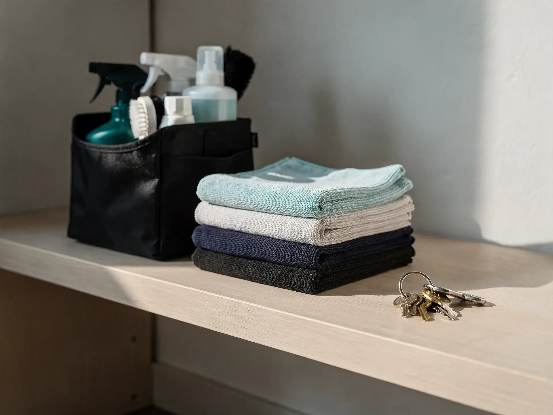 A black caddy of spray bottles and brushes on a wooden shelf beside four folded cloths and a ring of keys.
