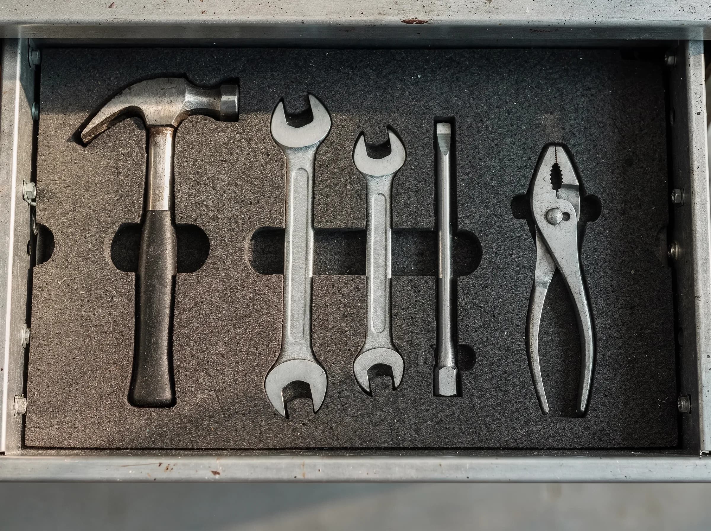 An open steel drawer seen from above, a hammer, two wrenches, a chisel and pliers each set in its own foam cutout.